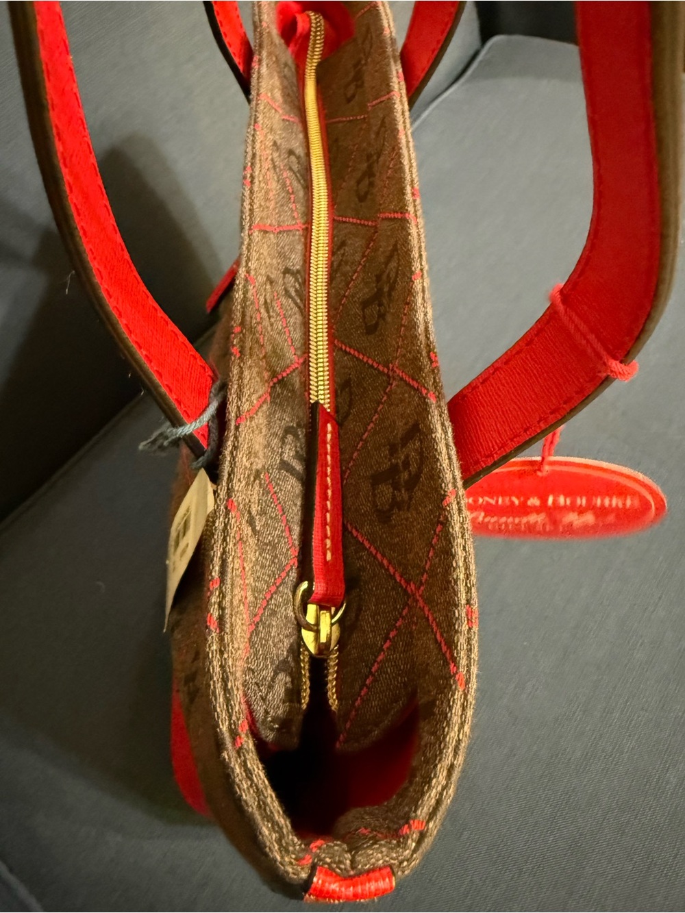 Dooney & Bourke DB Monogram Tote Bag NWT Brown Red Shopper w Zip Pouch - Picture 6 of 17